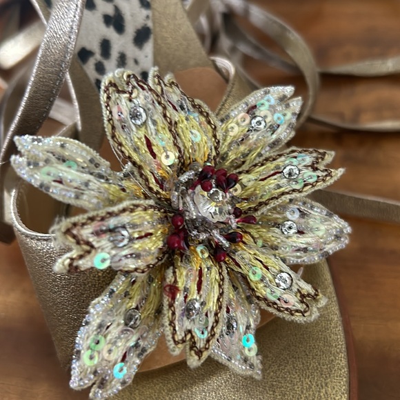 Lace up gold sandals with beaded flower and wood heels. - Picture 4 of 8